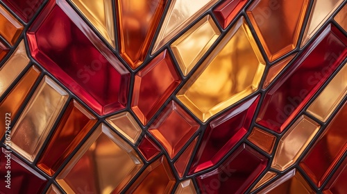 Stained glass window with warm sunlight casting colorful geometric patterns indoors