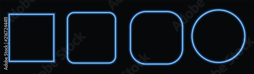 Neon frame set, glowing blue square frame, rounded square border, soft rounded  frame, neon glowing circle frame, bright blue light geometric outline badges on dark background.