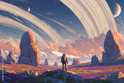 An astronaut gazes at distant planet s majestic rings amidst a vibrant landscape and floating rocks