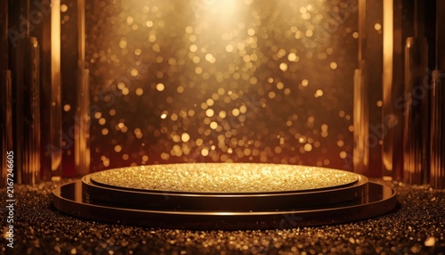 Luxurious golden product display podium with glowing spotlight and magical sparkling dust