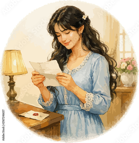 Konstfotografi A young woman sits by the window reading a heartfelt letter with a gentle smile