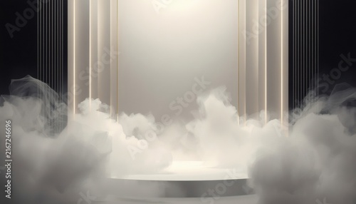 Ethereal heavenly background with glowing light portal and soft white clouds