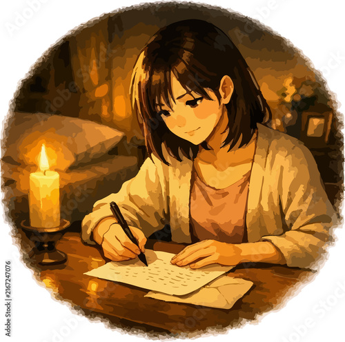 Cuadro en lienzo A young woman writes a heartfelt letter by candlelight