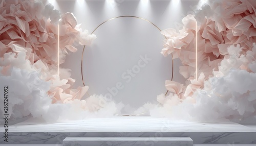 Ethereal product display podium with circular frame and soft pastel pink clouds