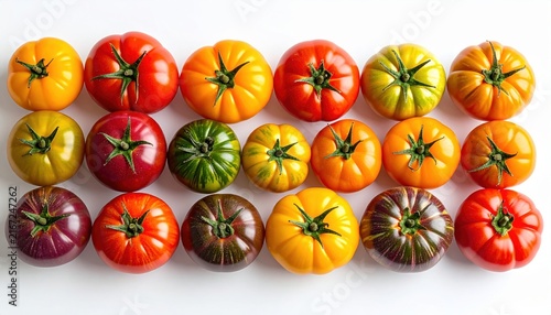 Assorted colorful fresh tomatoes isolated on white background, heirloom vegetables, vibrant food styling
