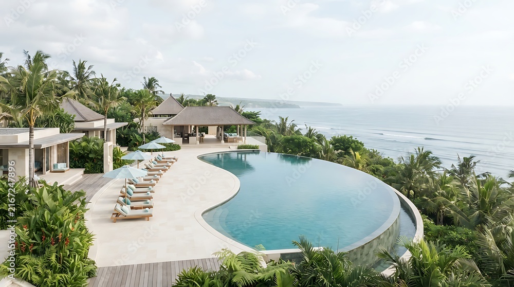 Fototapeta premium Luxury infinity swimming pool overlooking the ocean at a tropical resort villa