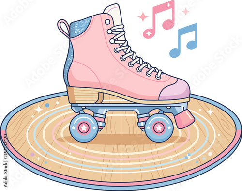 Isolated pastel pink roller skate with musical notes and sparkling floor, retro 80s vibe, fun aesthetic