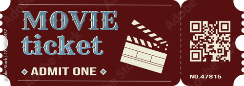 Fotografía vintage movie ticket template with retro typography, cinema clapperboard, QR code and admit one text