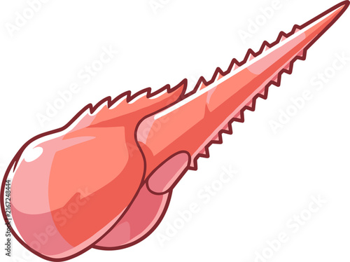 A stylized pink projectile, rendered in pixel art, features a bulbous front and a long, spiky body. Isolated on a white background, it suggests a fantasy weapon or alien technology.