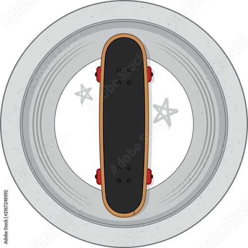 A simple graphic illustration of an isolated skateboard with red wheels, positioned centrally within a concrete ring. This design is suitable for sports, recreation, and urban activity themes.