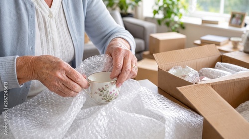 Senior Woman Packing Delicate Floral China Teacup Into Protective Bubble Wrap At Home, Moving To New Residence