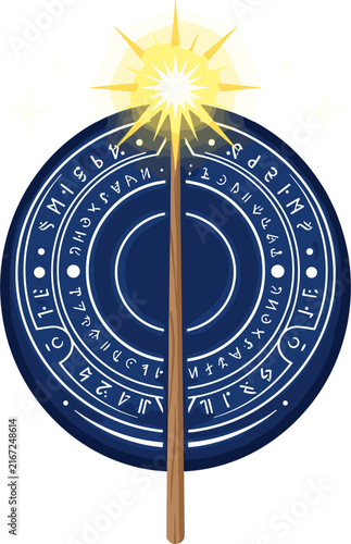 Pixel art illustration of a magic wand with a bright yellow starburst emanating from its tip, set against a dark blue circular arcane symbol filled with glowing white runes.