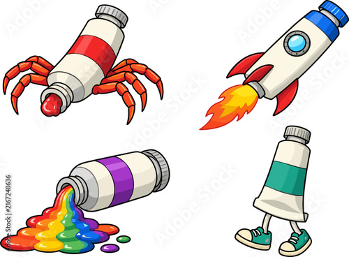Pixel art paint tubes with whimsical appendages, a rocket ship, and vibrant flowing paint, creative illustration