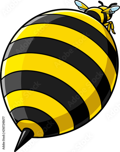 A cartoon illustration of a very round bumblebee, featuring bold black and yellow stripes. It has visible wings and a pointed stinger, isolated on a plain background.