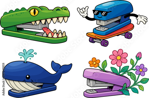 Four quirky, pixel-art illustrations of staplers reimagined as a grinning alligator, a skateboarding cool stapler, a spouting whale, and a floral stapler with blooming flowers.