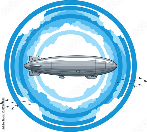 Silver blimp dirigible airship centered within a swirling blue cloud portal with birds flying around, retro transportation concept