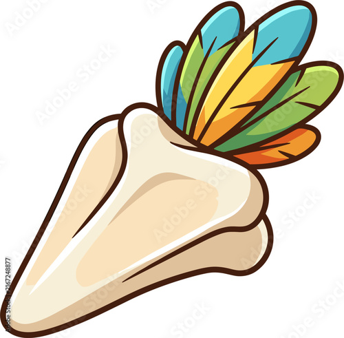 A cartoon illustration of a stylized bone with colorful feathers protruding from the top. It represents a tribal or indigenous symbol, isolated on a white background.