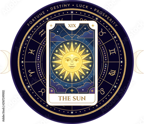 The Sun tarot card, radiant and cheerful, within a celestial zodiac circle with astrological symbols and constellations, representing joy and success