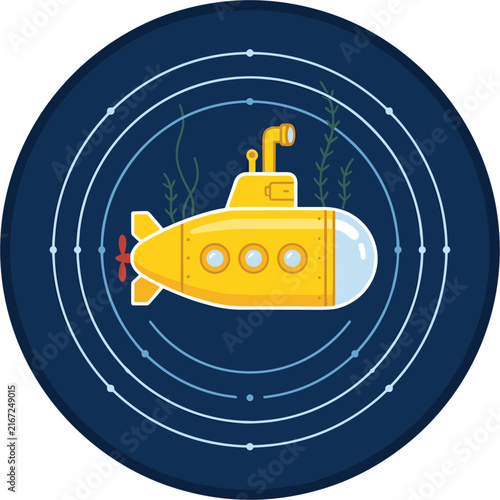 Pixel art illustration of a yellow submarine submerged in dark blue water, exploring the ocean depths. Features aquatic plants and concentric circles, symbolizing research and discovery.