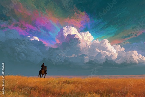 Horseback rider under surreal sky with fragmented rainbow over a golden plain in digital art