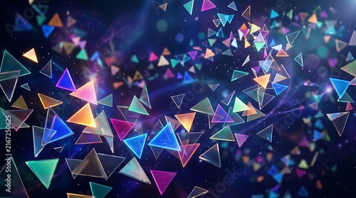 Abstract background featuring many glowing colorful triangles floating in dark space with beautiful bokeh light effects