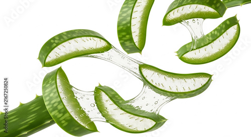 Aloe Vera Slices and Gel: Freshly cut slices of vibrant green aloe vera are suspended in their natural translucent gel, showcasing the plant's medicinal properties and refreshing essence.