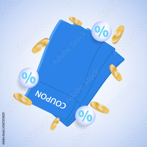 3D voucher. Tear-off coupon with coins. Discount sticker with floating money.