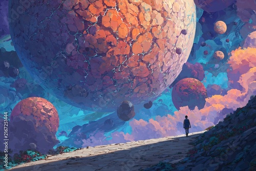 A solitary traveler journeys towards a giant cracked planet amidst vivid celestial wonders