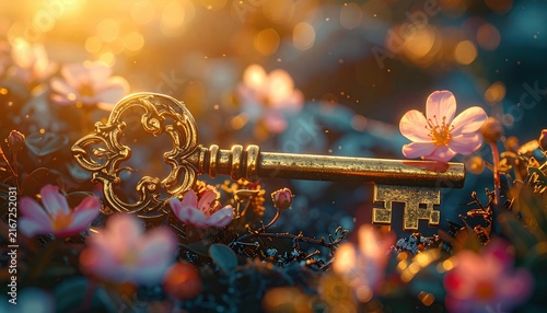 A golden key with flowers growing around it, symbolic dream concept