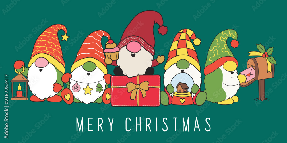 Fototapeta premium Christmas Card Collection with gnome and Holiday Ornaments, Xmas templates for greeting cards, posters, social media, seasonal branding, children's products. Playful Christmas hand-drawn festive