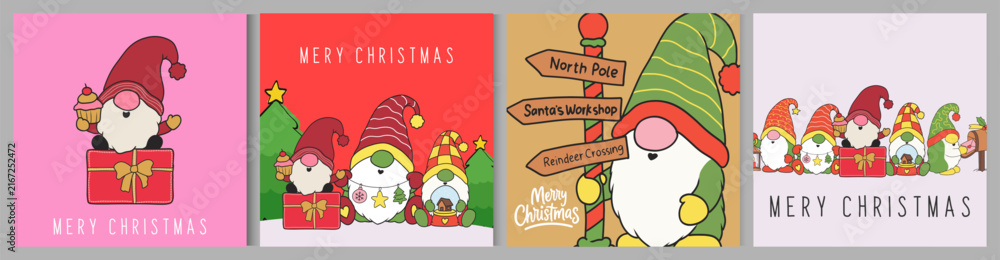 Fototapeta premium Christmas Card Collection with gnome and Holiday Ornaments, Xmas templates for greeting cards, posters, social media, seasonal branding, children's products. Playful Christmas hand-drawn festive