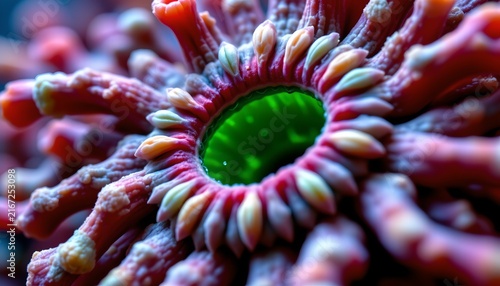 The image shows a close up view of a colorful marine coral with a vibrant green center