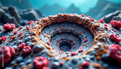 The image depicts a highly detailed, colorful, and abstract scene resembling a biological or microscopic environment