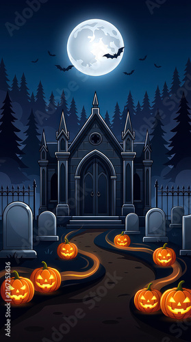 Spooky Halloween Mausoleum Landscape with Glowing Pumpkins and Full Moon