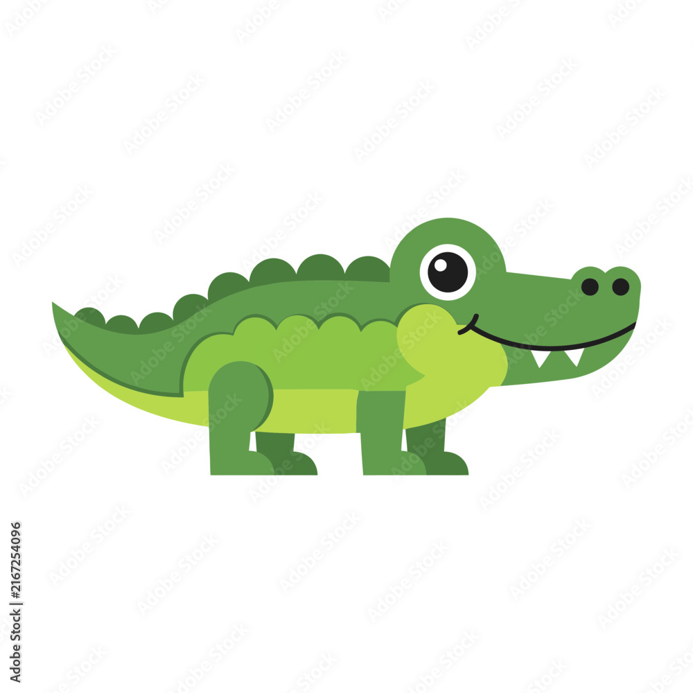 Obraz premium Cute green alligator cartoon character smiling isolated on white background