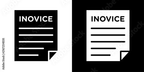 Minimal invoice document icons with bold “INVOICE” headings and lined details in contrasting black and white styles, representing billing, accounting, payments, and finance.