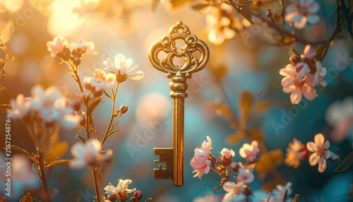 A golden key with flowers growing around it, symbolic dream concept