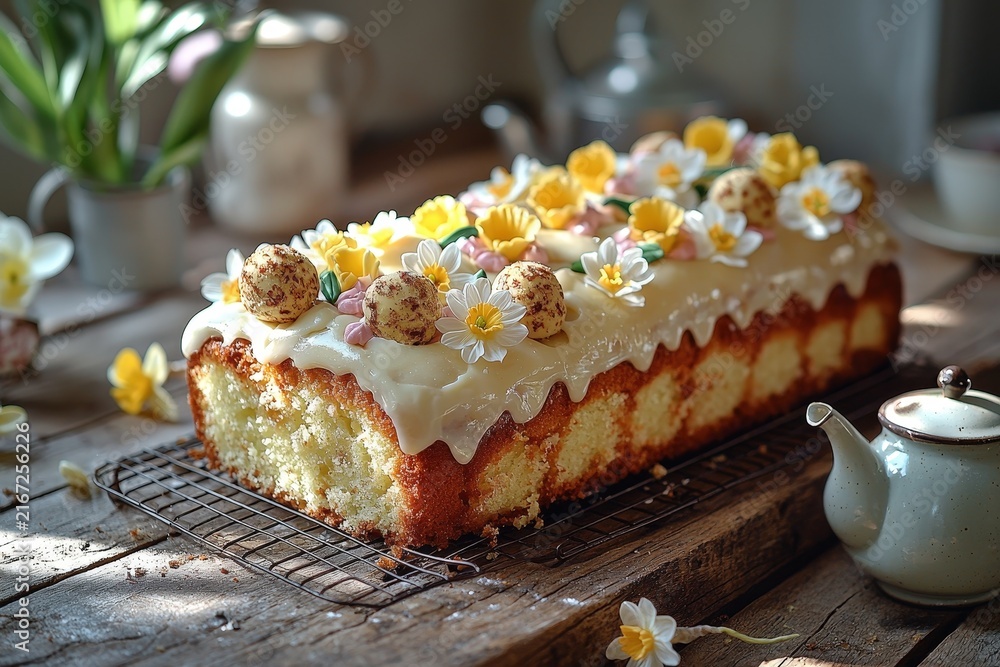 Obraz premium Spring lemon pound cake with white icing and edible flowers decor on rustic wooden table during daylight