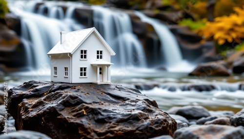 A small, white, model house is placed on a large, dark, wet rock in front of a flowing waterfall. The house features multiple windows and a simple pitched roof, giving it a cozy appearance