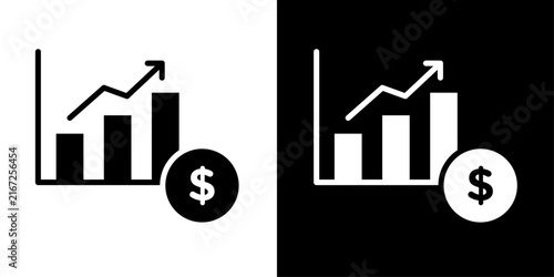 Minimal bar chart icons with an upward trend arrow and dollar coin, representing financial growth, investment, profit, business success, and market performance.