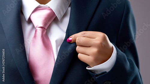 Business suit and pink tie with manicured hand on lapel representing gender expression and identity.