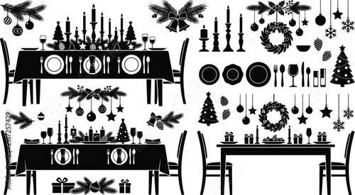 Christmas holiday dinner table setting vector silhouette set featuring festive decorations candles wreaths dinnerware and celebration party banquet furniture