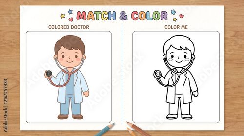 Match and Color Doctor Worksheet for Kids Educational Activity Page