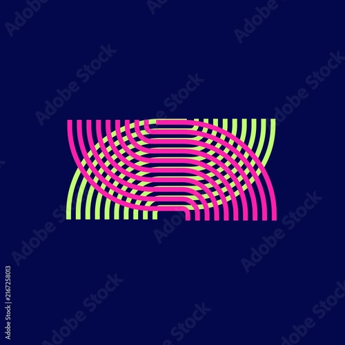 Layered Curved Wave Line Pattern in Neon Pink and Lime Green on a Dark Navy Background, Abstract Flow and Motion Concept