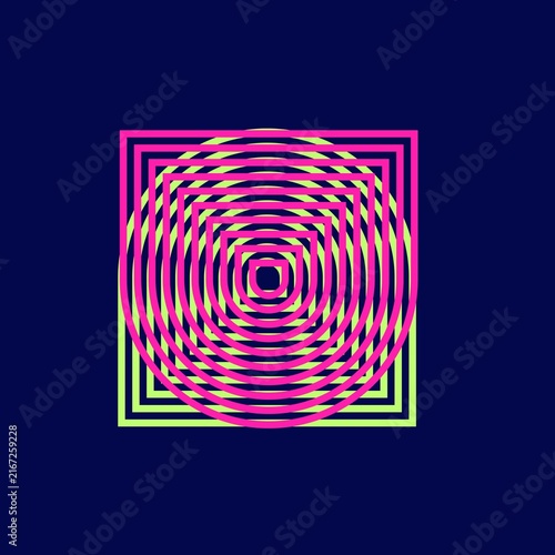 Overlapping Concentric Square and Circular Lines in Neon Pink and Lime Green on a Dark Navy Background, Abstract Geometric Design