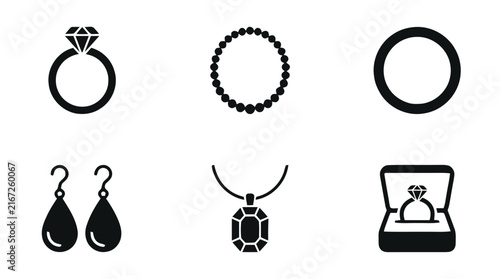 Vector illustration of jewelry icons set, black silhouette style on a transparent background
