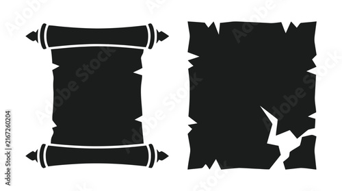 Vector illustration of ancient scroll and torn paper set on a transparent background