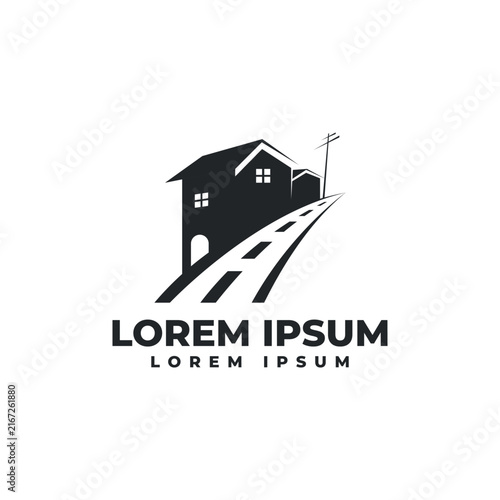 Real estate and road logo vector template featuring houses and a highway perspective
