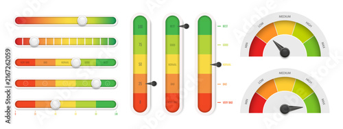 Colorful gauge, slider and rating scale set for performance, quality, satisfaction, progress, risk, analytics, dashboard design