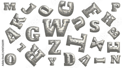 Vintage metal alphabet letters, rustic silver steel typography set, industrial metallic font elements on white background